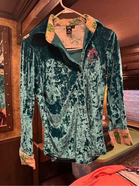 TBB Teal Velvet Button-Down Shirt with Floral Trim